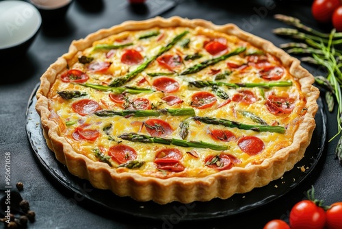 Ham Asparagus Quiche. Baked Quiche with Asparagus, Cheese, and Eggs for Delicious Dinner Meal