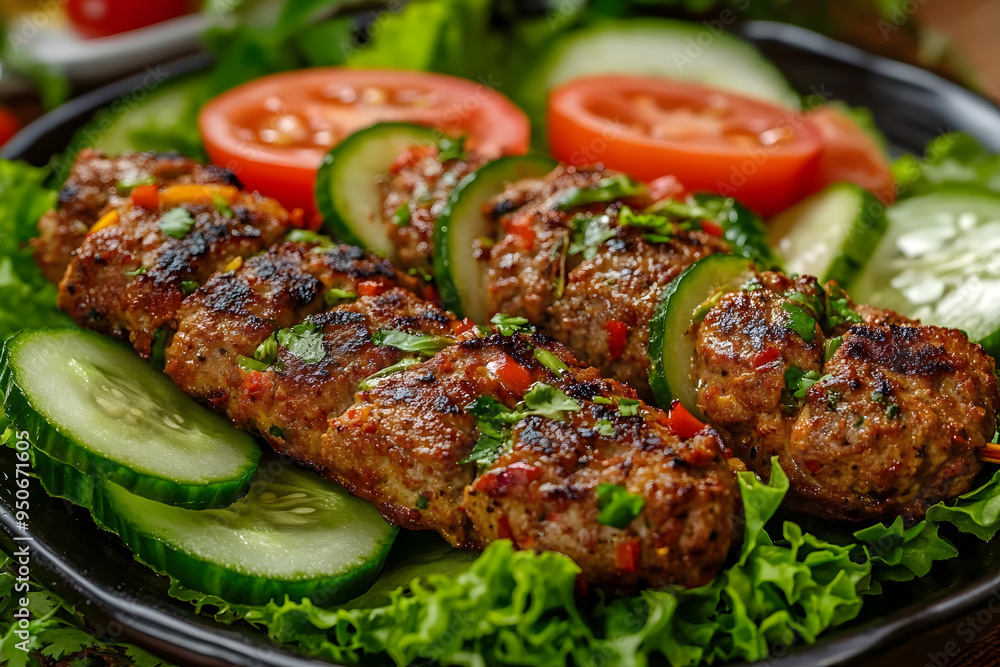 Spicy chapli kebabs served on a bed of lettuce with slices of tomatoes and cucumbers Spicy chapli kebabs served on a bed of lettuce with slices of tomatoes and cucumbers