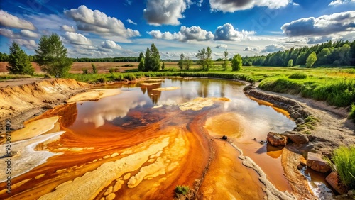 Toxic wastewater seeps into the earth, contaminating the soil and threatening the quality of the nearby aquifer, highlighting the devastating impact of pollution. photo