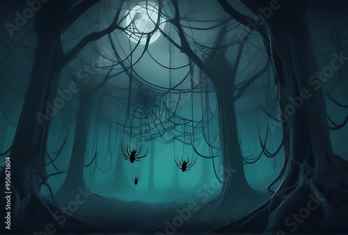 spooky forest twisted trees hanging spider webs