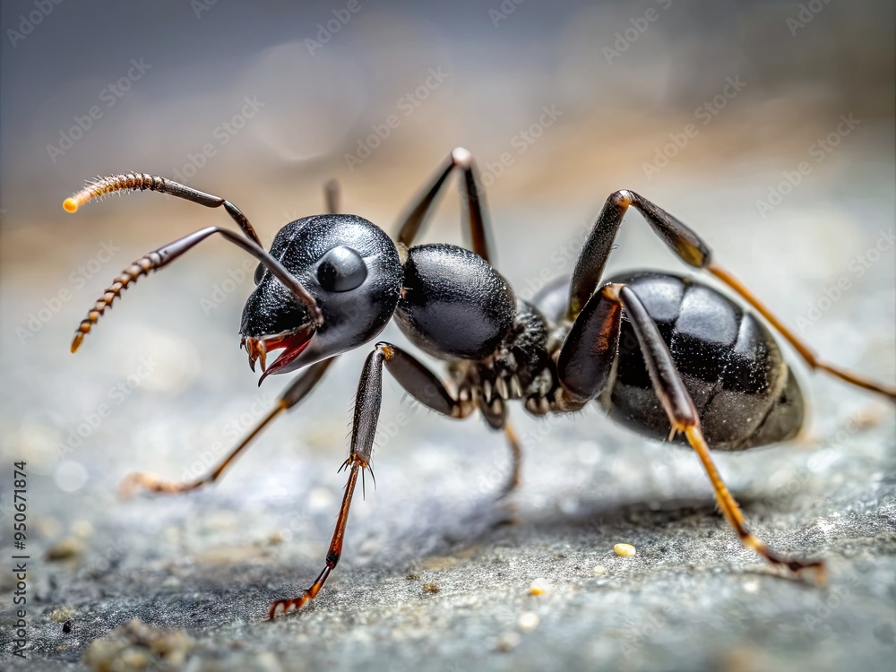 Macro view of a small, shiny black ant's intricate details, showcasing its segmented body, delicate legs, and tiny mandibles on a smooth gray surface. Macro view of a small, shiny black ant's intricate details, showcasing its segmented body, delicate legs, and tiny mandibles on a smooth gray surface.