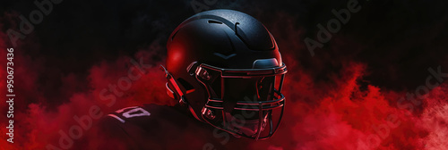 American football player wearing helmet standing in red smoke