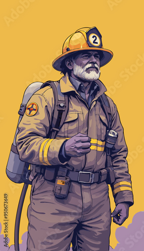 open layer vector of a fire fighter standing, purple and yellow