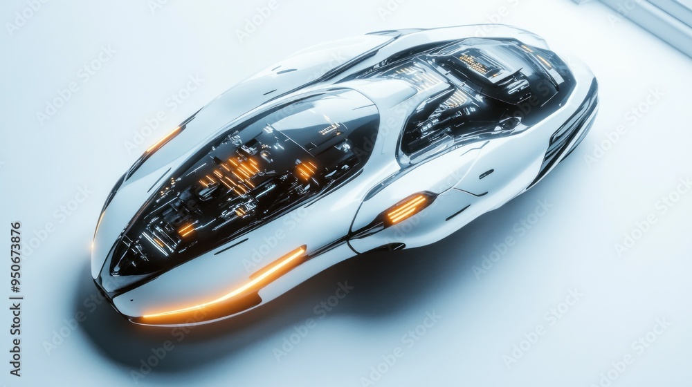 Futuristic White Car with Exposed Engine and Illuminated Lines Futuristic White Car with Exposed Engine and Illuminated Lines