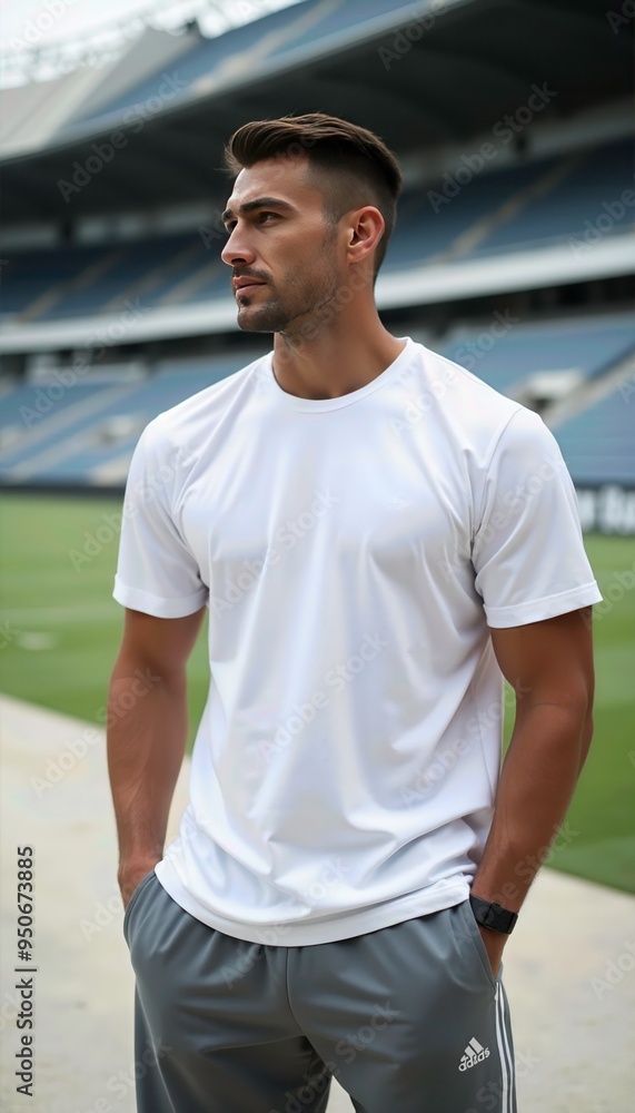 Athletic Male Model in a White T-Shirt and Track Pants, Posing in a Sports Stadium Athletic Male Model in a White T-Shirt and Track Pants, Posing in a Sports Stadium