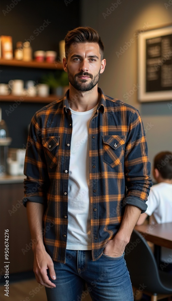 Casual Male Model in a Flannel Shirt, Posing in a Coffee Shop Casual Male Model in a Flannel Shirt, Posing in a Coffee Shop
