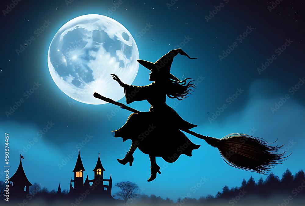 Fototapeta premium witch flying broomstick across full moonlit sky