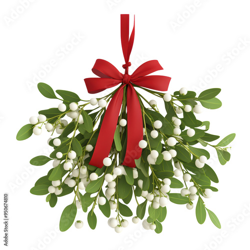 Wallpaper Mural Watercolor mistletoe bouquet with green leaves, red berries, and red ribbon, isolated on white background. Ideal for Christmas decorations and greeting cards.

 Torontodigital.ca