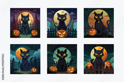  Black Cat and Pumpkin in the symbol of Halloween in the background of Ghost house