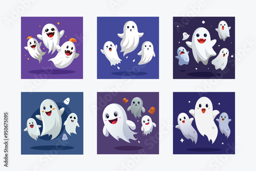 Floating White Ghosts Vector - Playful and Scary Faces for Halloween Designs and Spooky Decor