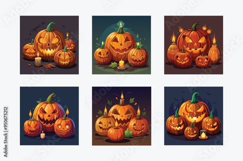 Carved Pumpkins with Various Faces - Halloween Candlelit Jack-o'-Lanterns for Spooky Decor