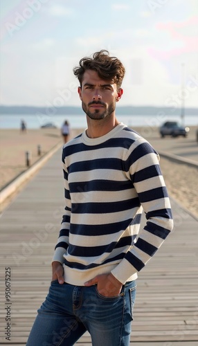 Casual Male Model in a Striped Sweater, Posing on a Beach Boardwalk