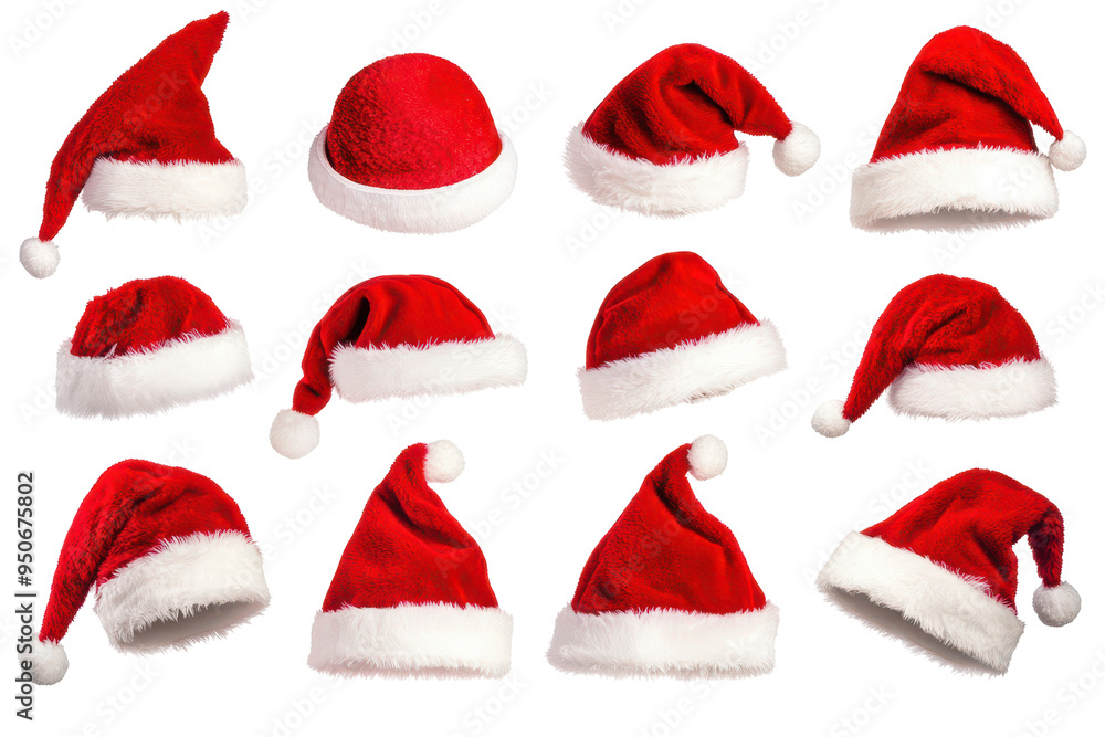 Set of twelve Santa hats with various shapes and angles, featuring red fabric and white fur trim, isolated on white background. Ideal for Christmas themes.
Set of twelve Santa hats with various shapes and angles, featuring red fabric and white fur trim, isolated on white background. Ideal for Christmas themes.