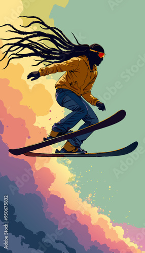 open layer vector of a Jamaican daredevil man smile with sunglasses ski, jumping ski 02