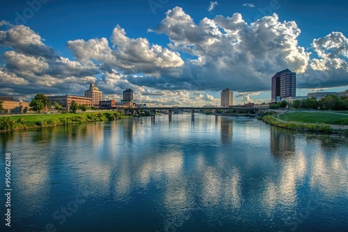 Downtown Dayton, Ohio: Cityscape with Great Miami River, Bridges, and Beautiful Sky photo