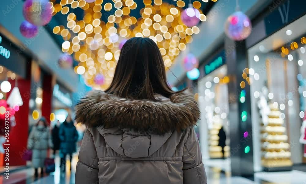 A girl walks through a shopping mall decorated with Christmas decorations. View from the back A girl walks through a shopping mall decorated with Christmas decorations. View from the back