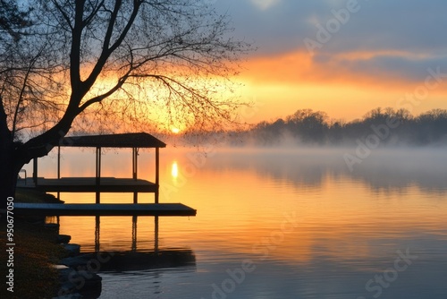 Lake Norman NC. Foggy Sunrise Over the Beautiful Scenic Lake in North Carolina