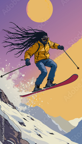 open layer vector of a Jamaican daredevil man smile with sunglasses ski, jumping ski 02