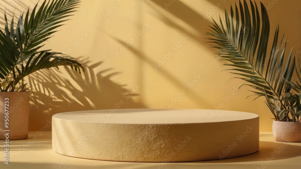 Empty round podium on yellow background with palm leaves casting shadows Empty round podium on yellow background with palm leaves casting shadows