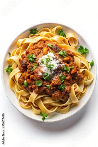 Freshly Made Italian Inspired Tagliatelle Pasta with Rich Savoury Sauce and Authentic Herbs Served on Restaurant Dinnerware