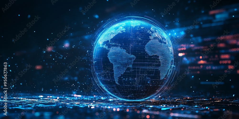 Digital World Map with Glowing Grid and Global Connections Digital World Map with Glowing Grid and Global Connections