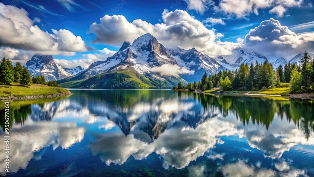 Majestic alpine lake reflects snow-capped mountain peaks under a brilliant blue sky with fluffy white clouds at a serene and isolated elevated viewpoint. Majestic alpine lake reflects snow-capped mountain peaks under a brilliant blue sky with fluffy white clouds at a serene and isolated elevated viewpoint.