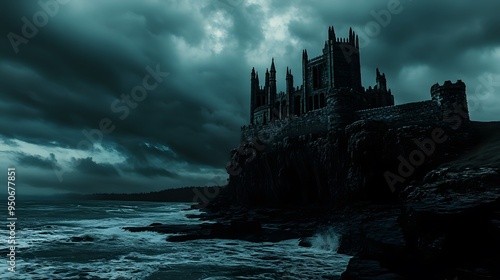 Castle perched on a cliff stormy ocean gothic deep shadows high contrast moody dramatic intricately detailed 3D architecture