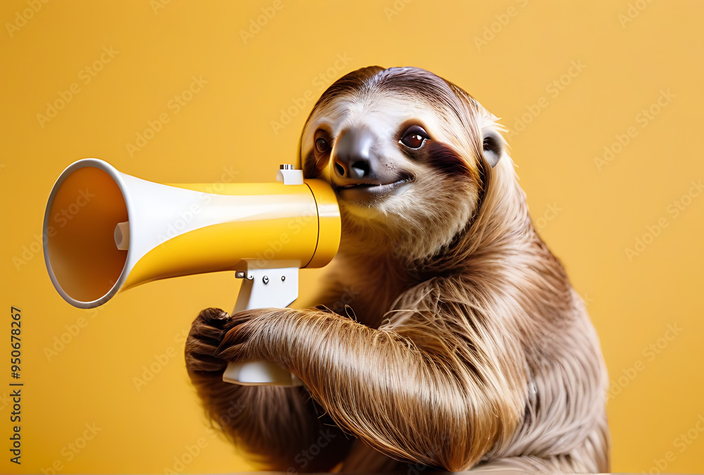 Fototapeta premium happy sloth holding yellow megaphone solid yellow background