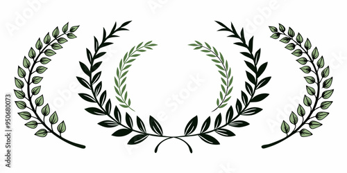 Set of wreaths and branches with leaves. Hand drawing laurel wreaths and branches collection on white background