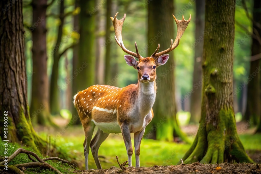 Majestic brown and white deer with long slender legs and elegant branching antlers roam freely in a serene natural forest landscape. Majestic brown and white deer with long slender legs and elegant branching antlers roam freely in a serene natural forest landscape.