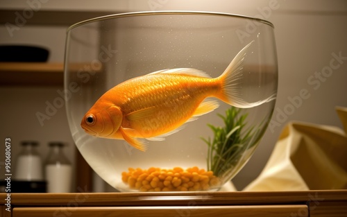 un poisson rouge gracieux nage paisiblement dans son bocal en verre, ses nageoires délicates flottant doucement dans l'eau claire, créant des reflets dorés sous la lumière tamisée de la pièce. photo