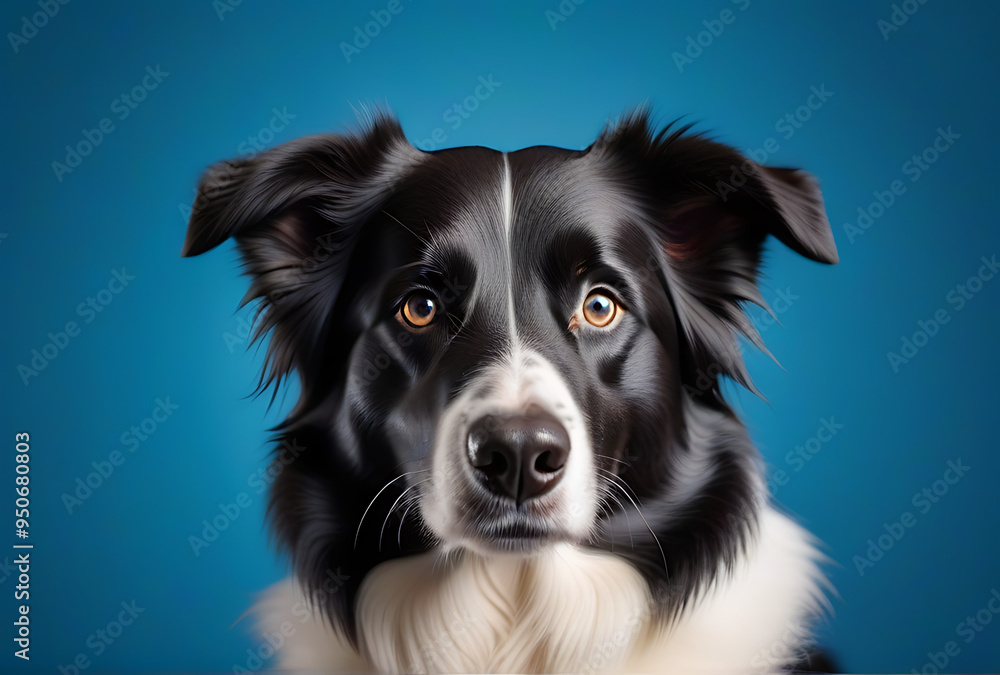 Fototapeta premium portrait border collie dog solid blue background
