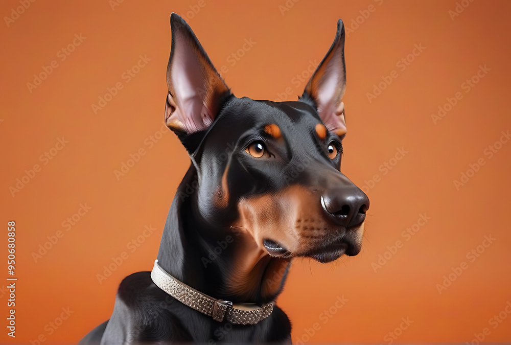 portrait female doberman pinscher sitting solid orange background portrait female doberman pinscher sitting solid orange background