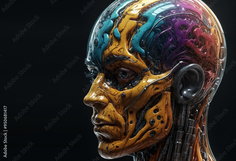 close-up view of a human head with a colorful, intricate design that includes various hues and patterns, set against a black background. close-up view of a human head with a colorful, intricate design that includes various hues and patterns, set against a black background.