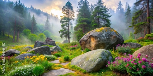 Majestic granite boulders punctuate the serene landscape of a misty morning forest, surrounded by lush greenery and vibrant wildflowers, evoking a sense of tranquility.