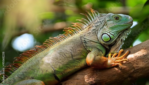 green iguana resting on tree branch in tropical habitat