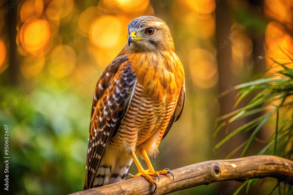 Majestic red-shouldered hawk perched on a branch, gazing intently with piercing eyes, its rusty-red plumage and wing feathers illuminated by warm sunlight in a forest setting. Majestic red-shouldered hawk perched on a branch, gazing intently with piercing eyes, its rusty-red plumage and wing feathers illuminated by warm sunlight in a forest setting.