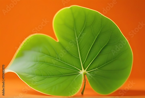 vibrant green petal leaf isolated solid orange background photo