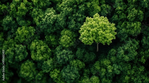 Lush Green Forest with Solitary Tree Emerges from Canopy