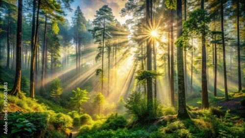 Majestic sunlit forest with dense foliage, towering trees, and sparkling mist, capturing the serenity and majesty of the natural world in high-definition detail.