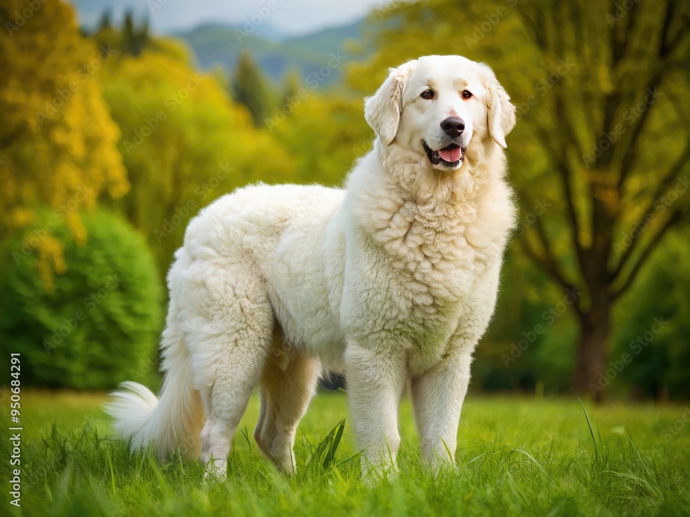 Majestic white Hungarian Kuvasz dog with piercing eyes and floppy ears stands proudly in a lush green meadow, showcasing its muscular build and noble heritage. Majestic white Hungarian Kuvasz dog with piercing eyes and floppy ears stands proudly in a lush green meadow, showcasing its muscular build and noble heritage.