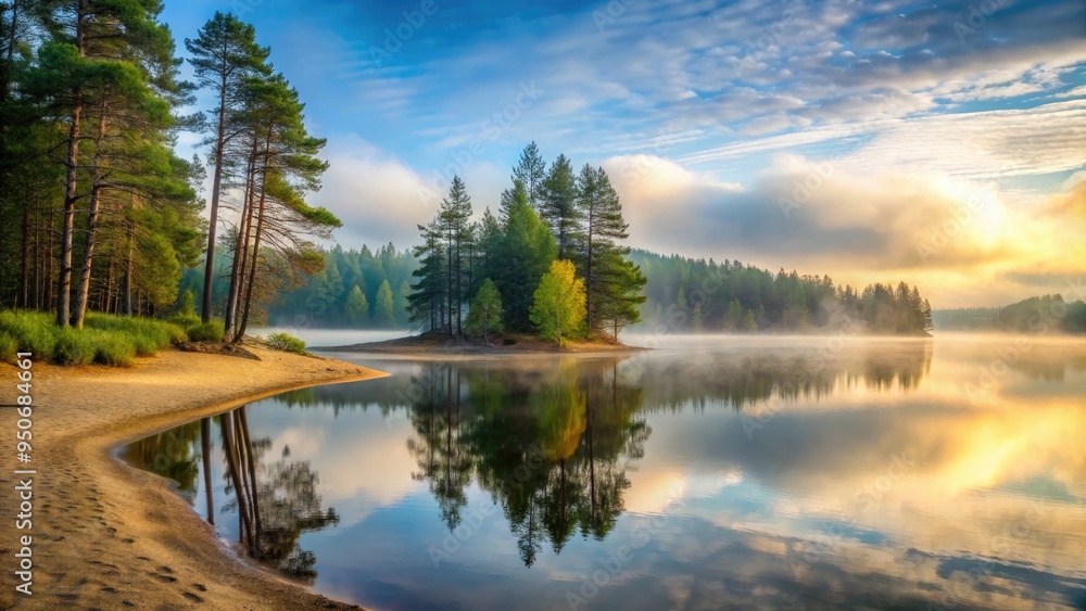 Fototapeta premium Misty Morning Fog Rolling Over Calm Lake Surface with Tall Pine Trees and Sandy Shore