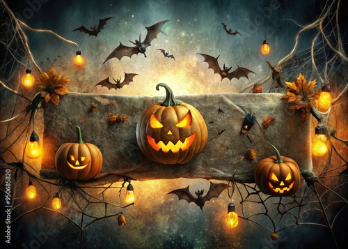 Ominous dark banner with tattered edges and eerie glow, adorned with spiders, bats, and jack-o-lanterns, evoking a sense of foreboding and Halloween dread. photo