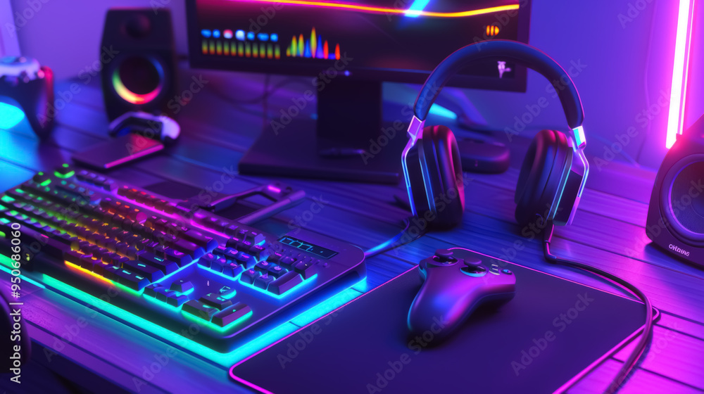Neon-Themed Gaming Desk Setup with Advanced Technology Neon-Themed Gaming Desk Setup with Advanced Technology