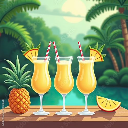 Three refreshing tropical cocktails garnished with pineapple slices by a poolside on a sunny day. photo