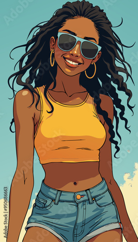 open layer vector of a hot dreadlocks Jamaican brunette girl with a yellow crop top, a pink background