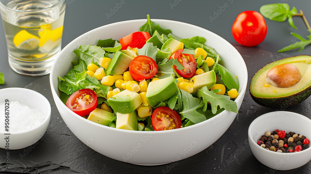 Salad with fresh ingredients and healthy toppings in a white bowl Salad with fresh ingredients and healthy toppings in a white bowl