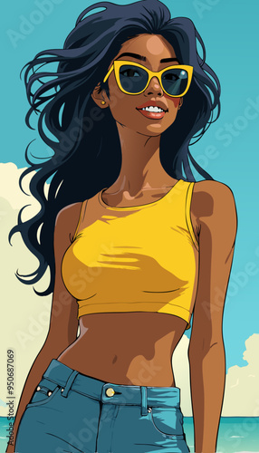 open layer vector of a hot dreadlocks Jamaican brunette girl with a yellow crop top, a pink background