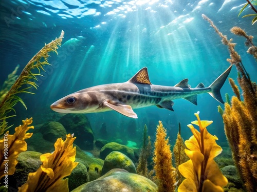 Roughskin Dogfish Swimming In Clear Ocean Water With Rocky Seabed And Kelp Forest In The Background photo