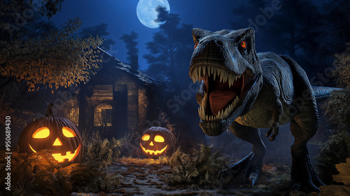 Mundo jurássico assombrado com decorações de Halloween, ilustração 3D photo